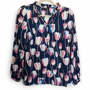 Talbots navy blue and pink floral print blouse size small